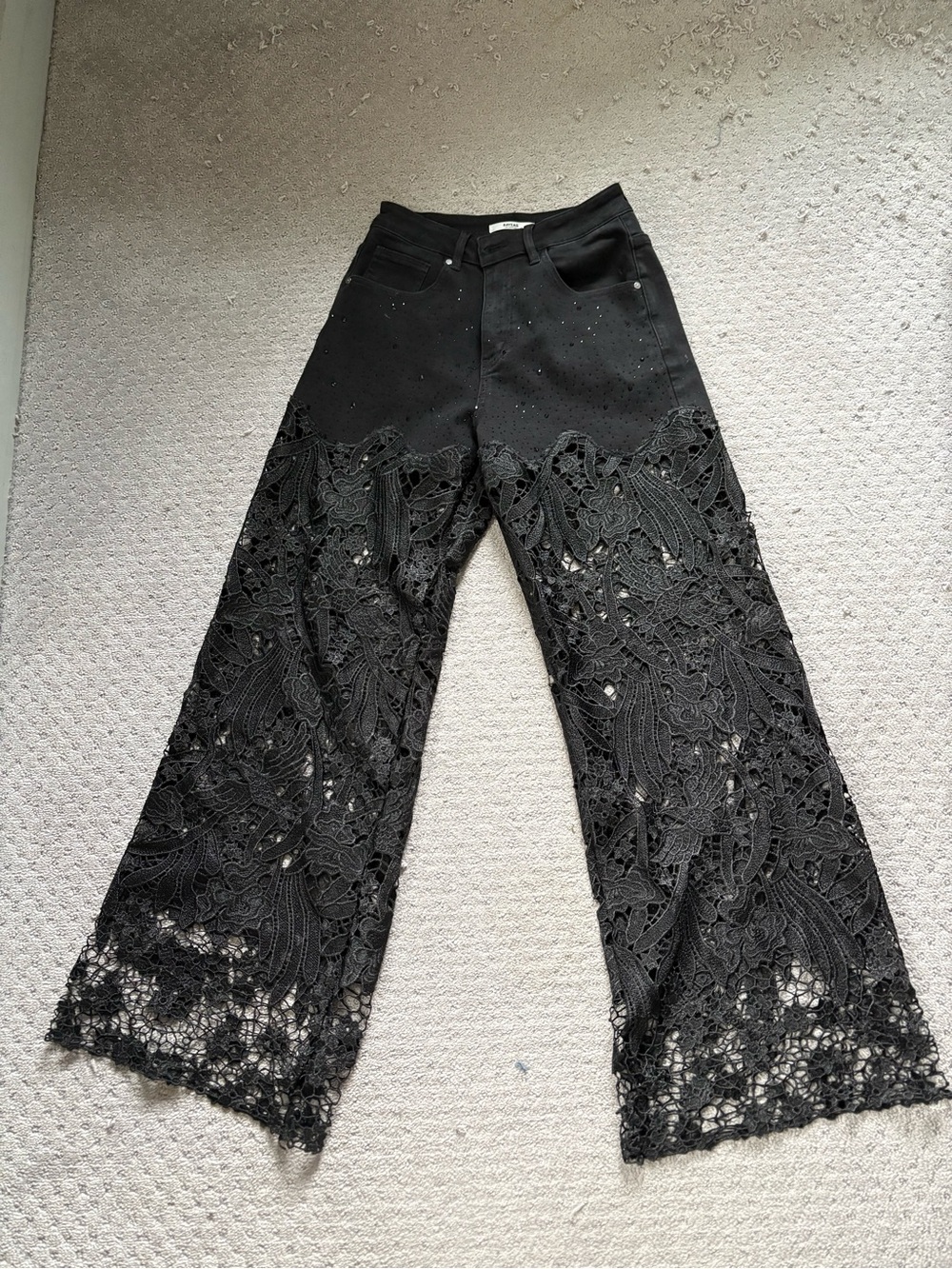 Bayeas embroidery wide leg lace jeans with rhinestones in black wash
